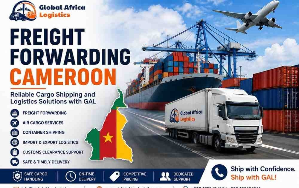 Freight forwarding Cameroon logistics banner showing GAL cargo shipping services with container ship, truck delivery, air freight plane, and Douala port operations