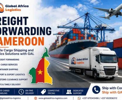 Freight forwarding Cameroon logistics banner showing GAL cargo shipping services with container ship, truck delivery, air freight plane, and Douala port operations