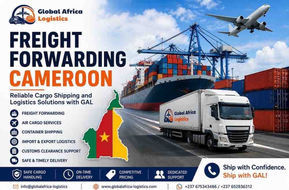 Freight forwarding Cameroon logistics banner showing GAL cargo shipping services with container ship, truck delivery, air freight plane, and Douala port operations