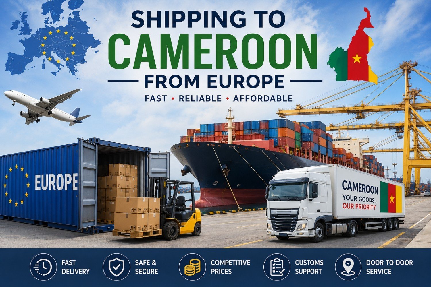Shipping to Cameroon from Europe showing cargo ship, containers, truck delivery, and air freight logistics in Douala port